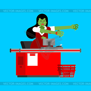 Cashier zombie at checkout counter in supermarket - vector clipart / vector image
