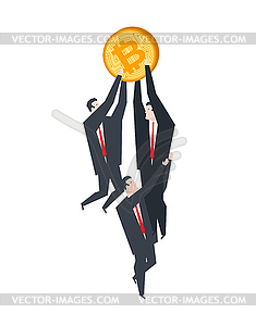 Bitcoin growth. Businessman is holding onto bitcoin - vector image