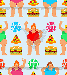 Body-positivity pattern seamless. Fat cheerful woma - vector clipart