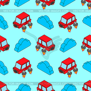 Flying car pattern seamless. Automobile with turbo - color vector clipart