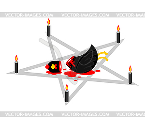 Sacrificial chicken and pentagram. Black Rooster - vector clip art