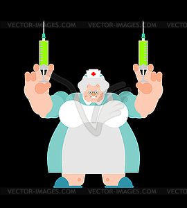 Angry nurse. sinister doctor with two syringes - vector clip art