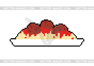 Pasta with meatballs pixel art 8 bit. Food pixelate - vector clipart