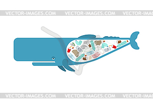 Sperm whale and garbage in ocean. cachalot and - vector image