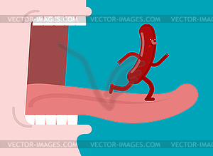 Sausage runs out of mouth. Food Escape of mouth. - vector clipart