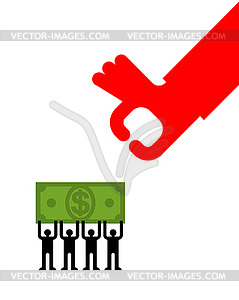 Small people give money to big hand. boss takes - vector image