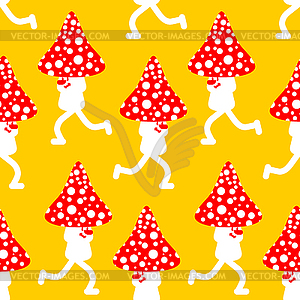 Running mushroom pattern seamless. Fly agaric run - vector clipart