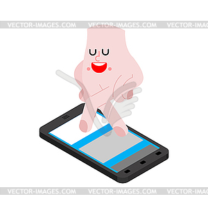 Fingers runs on smartphone screen. hand Fingers win - vector image