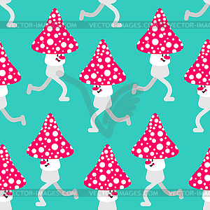 Running mushroom pattern seamless. Fly agaric run - vector clipart