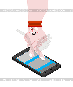 Fingers runs on smartphone screen. hand Fingers win - royalty-free vector image