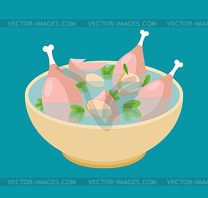 Chicken soup . Liquid food with chicken legs. ill - vector image