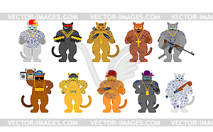 Cat gang set. Cat Gangsta. Angry pet bully member o - vector image