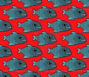 Piranha pixel art pattern seamless. freshwater - vector image