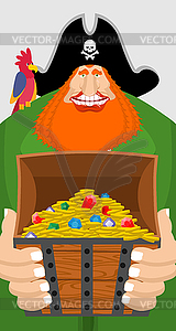 Pirate and treasure chest. Filibuster and box of - vector image