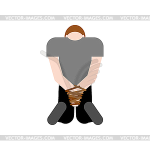 Man kneeling with hands tied with rope - vector clipart