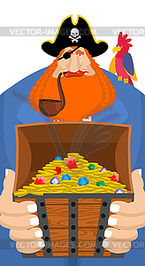 Pirate and treasure chest. Filibuster and box of - vector clip art