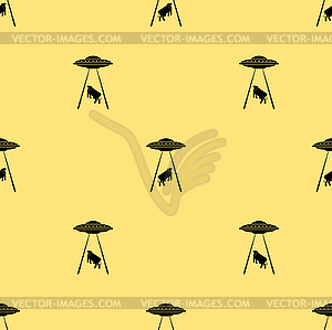 Ufo and cow pattern seamless. Alien flying saucer - vector image