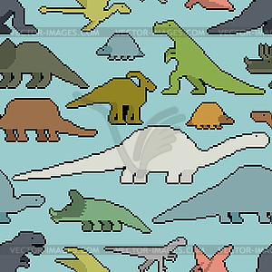 Dinosaurs pixel art seamless pattern. 8bit Dino - vector image