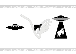 Ufo steals cow icon sign. Alien flying saucer and - vector clip art