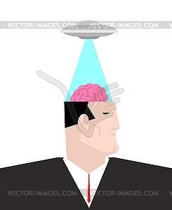 Ufo steals brain of head. Alien flying saucer and - vector clip art