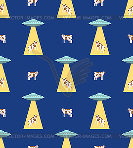 Ufo and cow pattern seamless. Alien flying saucer - vector clipart