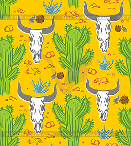 Desert pattern seamless hand drawing. cow skull - vector image
