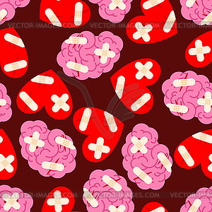 Sick brain and heart with bandages pattern seamless - vector image