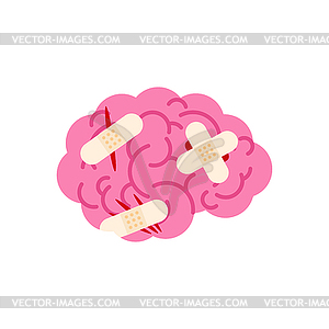 Sick brain with bandages. Wounded brains with - vector clipart