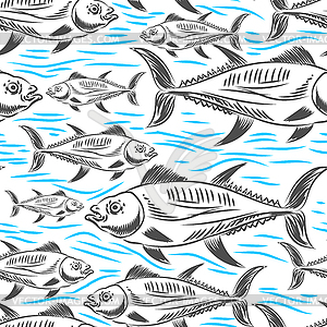 Tuna Hand drawing engraving pattern seamless. - vector clipart / vector image