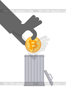 Throw away bitcoin. Cryptocurrency in Trash can. - color vector clipart