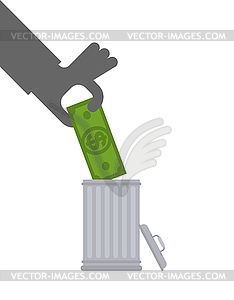 Throw away money. Cash in trash can. Throw - vector image