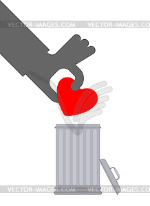 Throw away love. Heart in trash can. Throw - vector image