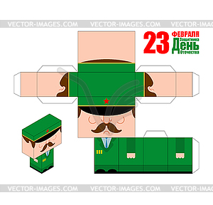 February 23. Soldier paper toy template. Military - vector image