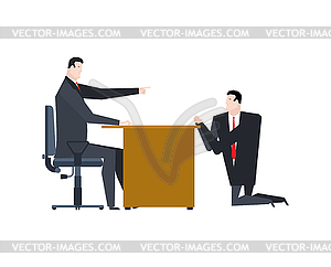 Man is kneeling in front of boss. Dismissal of - vector image