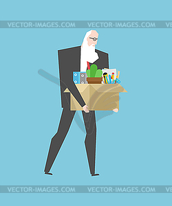 Sad grandfather with Dismissal box. Ageism Age - vector clipart