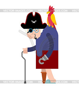 Grandmother Pirate. Grandma filibuster and parrot. - vector clipart