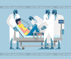 Robot doctor and patient. Doctor cyborg treats - vector image