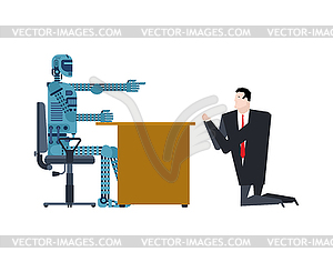 Robot fires man. Boss cyborg kicks out manager. - vector clip art