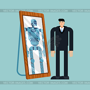 Robot will replace human. Robot is reflected in - vector image