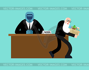 Robot fires man. Boss cyborg kicks out manager. - vector clipart / vector image