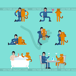 Lover cat set. Loving couple Boyfriend and cat. - vector image
