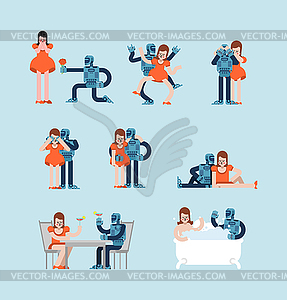 Lovers robot set. Loving couple cyborg and Girl. - vector image