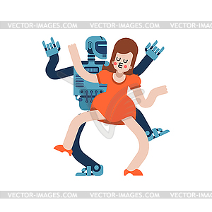 Влюбленные танцуют с роботами. Любящая пара киборг и девушка - изображение в формате EPS