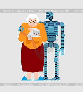 Robot nurse and grandmother. Cyborg Home - vector image