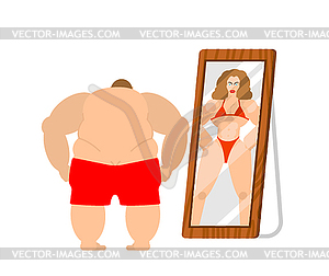 Fat man looks in mirror, reflection of strong woman - vector image