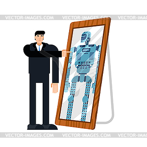 Robot will replace human. Robot is reflected in - vector image