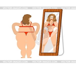 Fat woman looks in mirror and sports reflection in - vector clip art