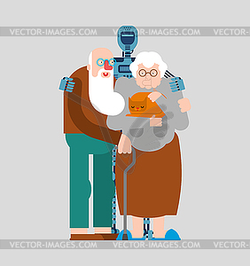 Robot nurse. Cyborg Home attendants and pensioner. - vector image