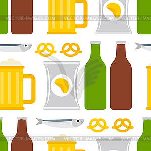 Beer and snacks pattern seamless. Fish and chips an - vector clipart