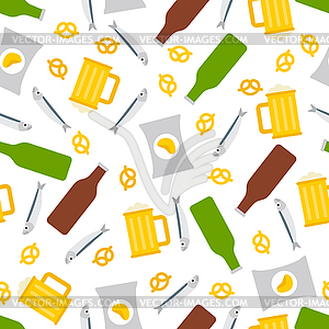 Beer and snacks pattern seamless. Fish and chips an - vector clipart